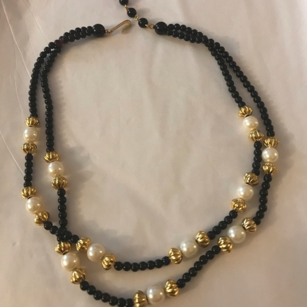 Black Gold and Faux Pearl Double Strand Necklace